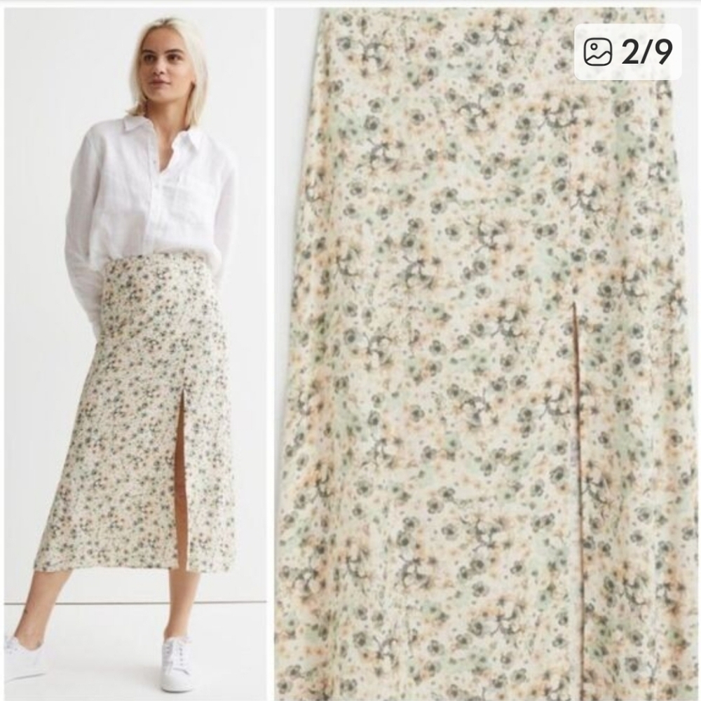 H&M Floral Viscose Midi Skirt | Cream Vintage-Style Print | Size 2